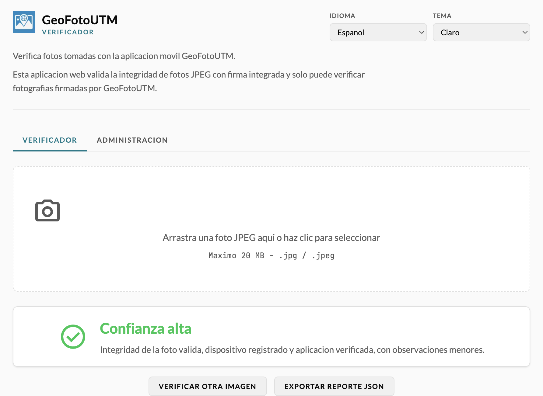 Interfaz web del verificador de integridad GeoFotoUTM