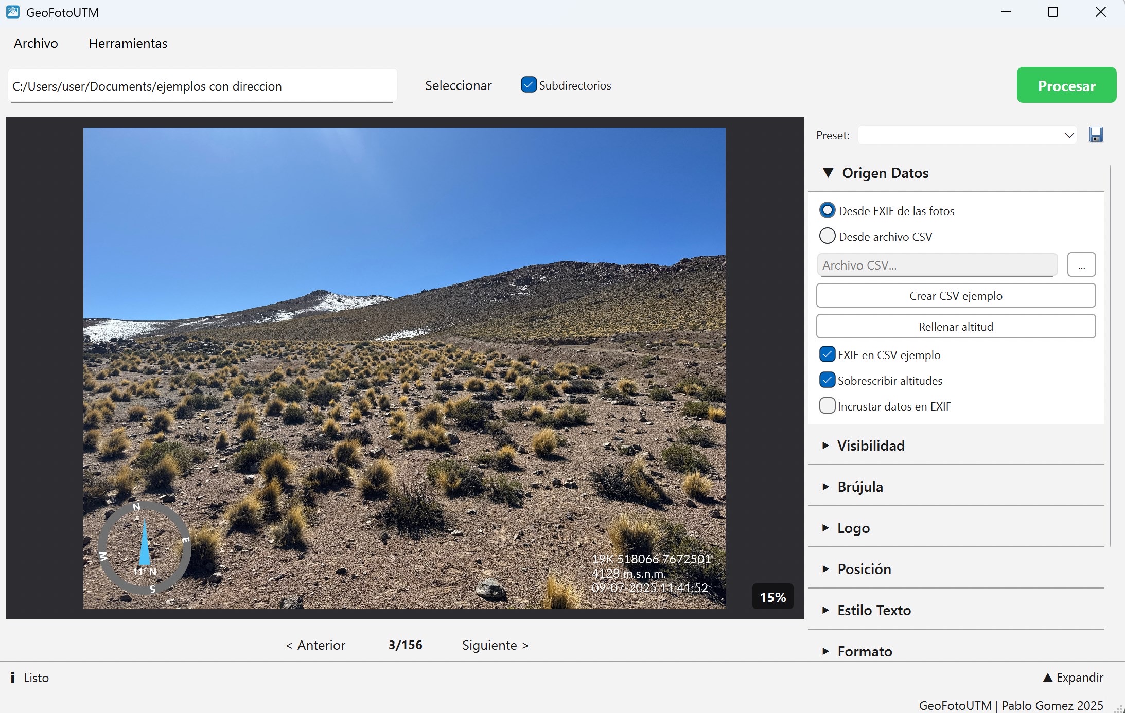 GeoFotoUTM Desktop procesando fotografías con overlay geoespacial